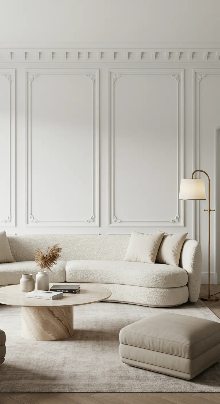 Elegante woonkamer met crèmekleurige bank en witte muren met klassieke sierlijsten en panelen.