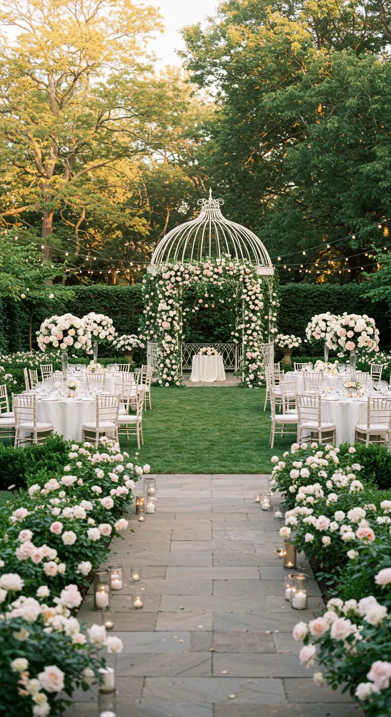 Witte rozenkoepel met bloemen als ceremonieplek, geflankeerd door ronde dinertafels in een tuin.