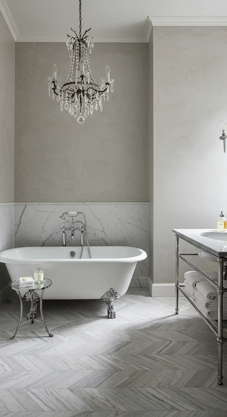 Elegante badkamer met betonciré muren, marmeren details en een kristallen kroonluchter.