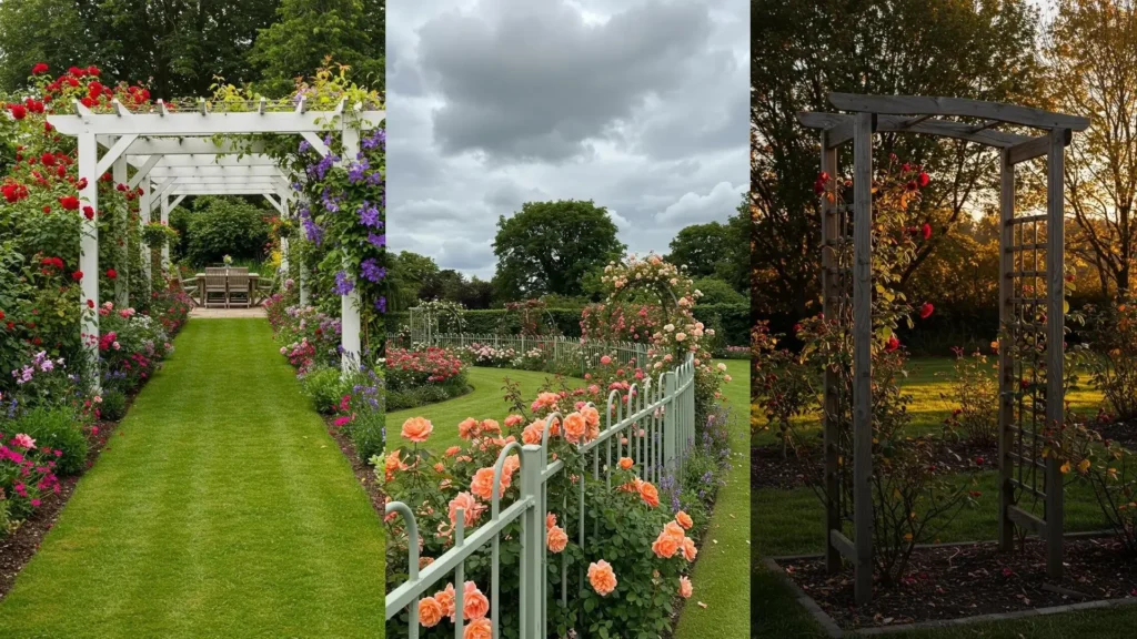 Idyllische klassieke Engelse rozentuin met witte pergola, sierhekken en bloemenbogen vol kleurrijke rozen.
