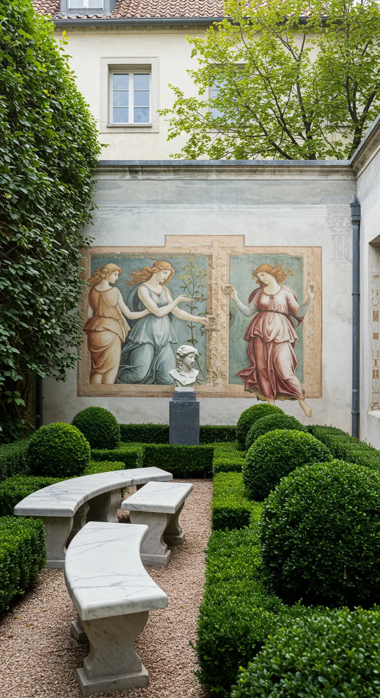 Formele tuin met een klassieke fresco-muurschildering en marmeren bankjes
