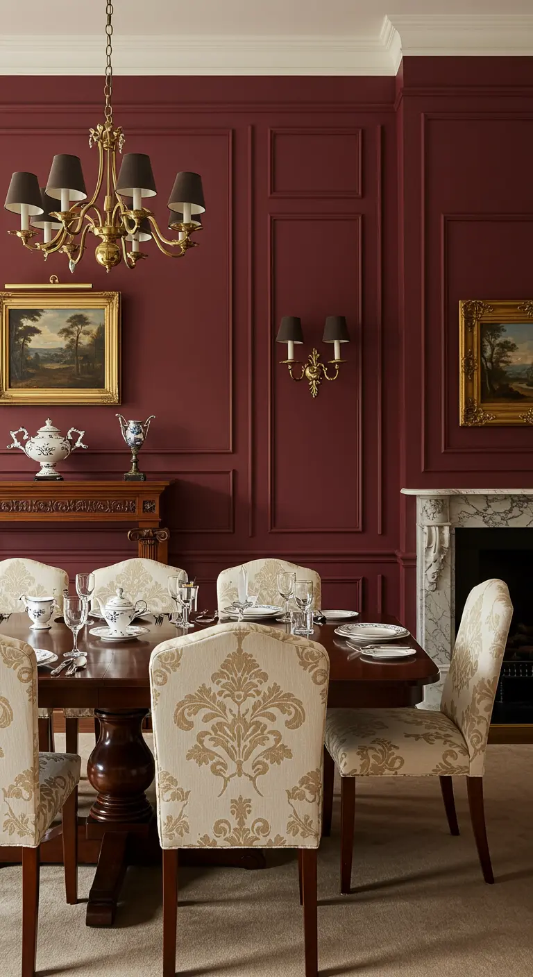 Klassieke eetkamer met bordeauxrode muren, open haard en stoelen met damastpatroon.