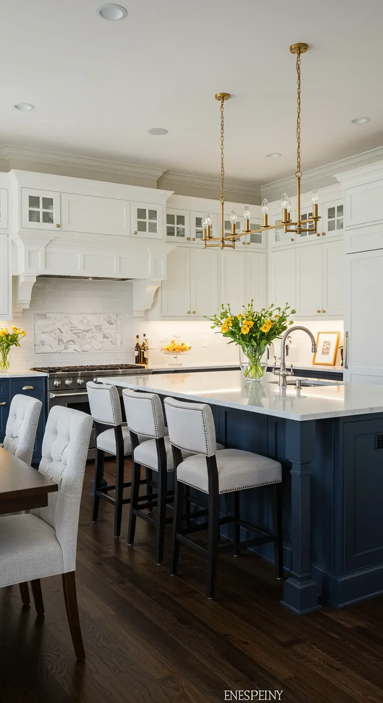 Witte keuken met marineblauw eiland, gouden hanglampen en marmeren accenten.