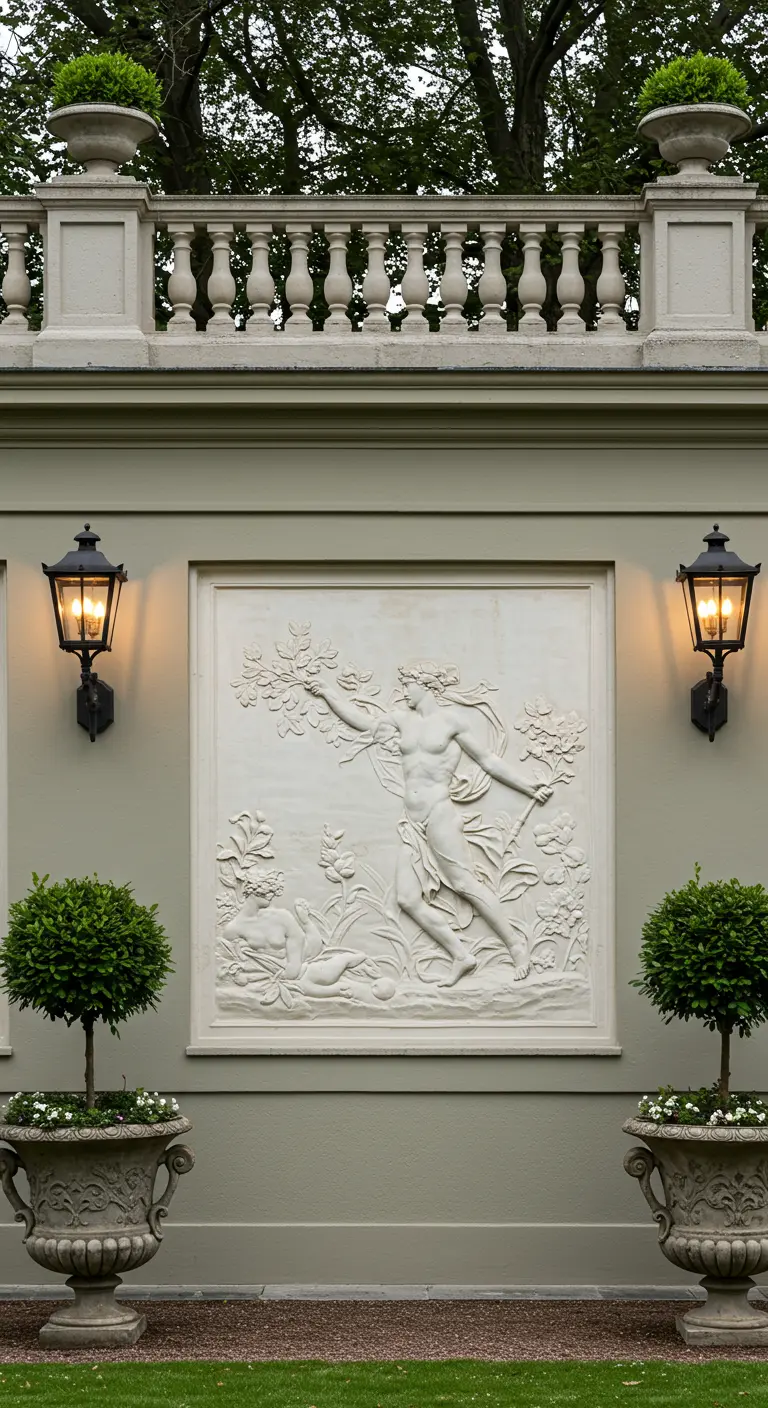 Grote tuinmuur met een klassiek bas-reliëf en twee symmetrische lantaarns.