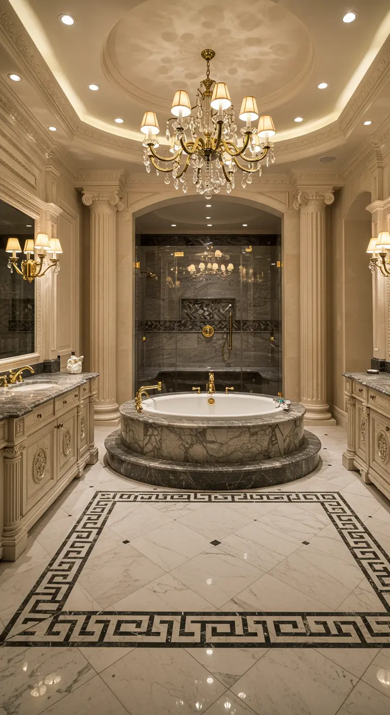 Luxe badkamer met witte marmeren vloer, een donkere marmeren border met Grieks motief en een rond bad.