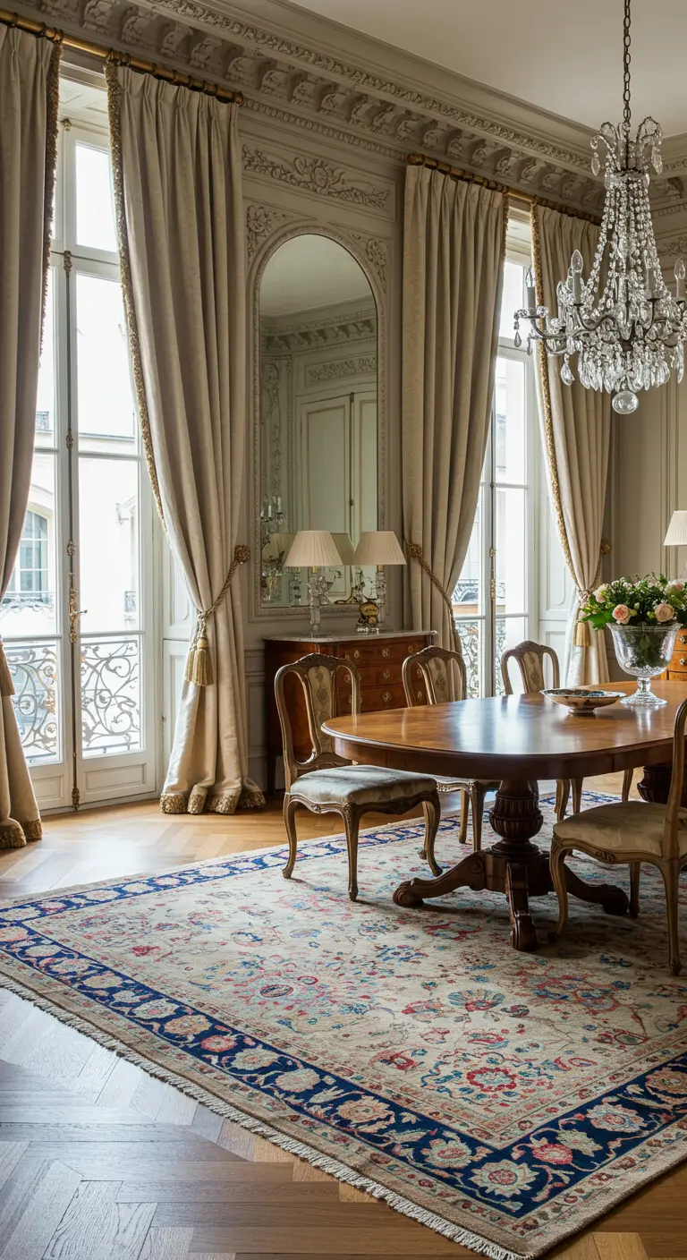 Elegante Parijse eetkamer met hoge plafonds, zware beige gordijnen en een klassiek Perzisch tapijt.