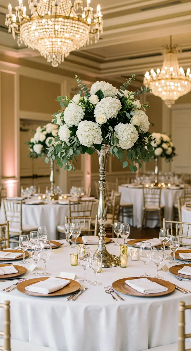 Klassieke ronde tafel met een hoog zilveren vaas vol witte bloemen en eucalyptus.