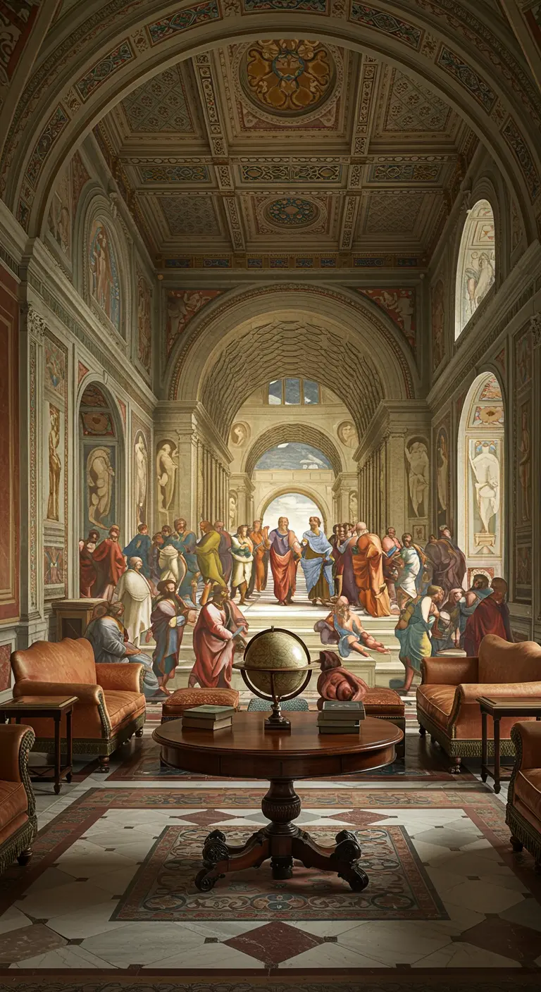 Grote klassieke woonkamer met bogen, marmeren vloer en lederen fauteuils, geïnspireerd op de Renaissance