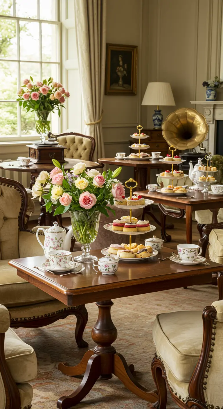 Klassieke high tea setting met rozenboeketten, etagères met gebak en antieke meubels.