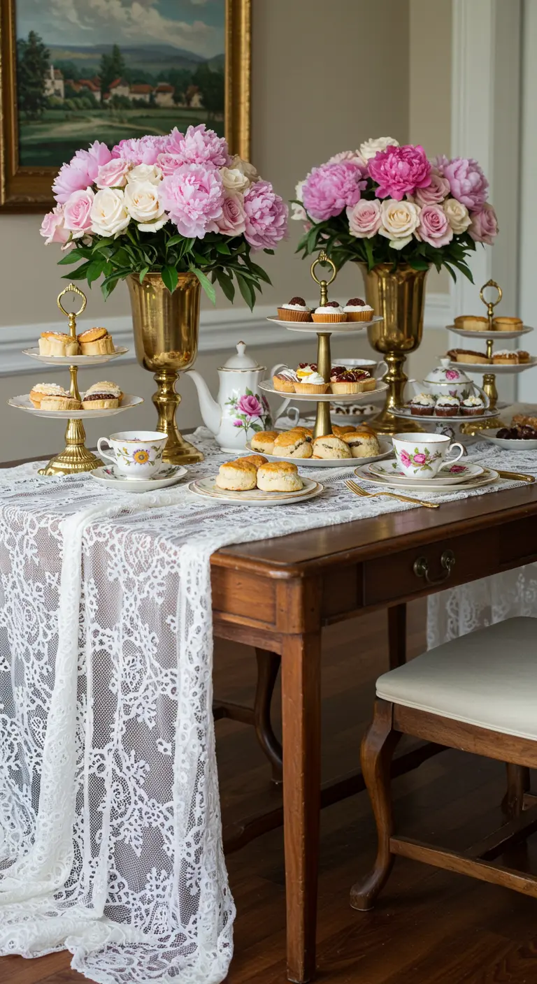 High tea-opstelling met kanten loper, gouden vazen en roze pioenrozen.