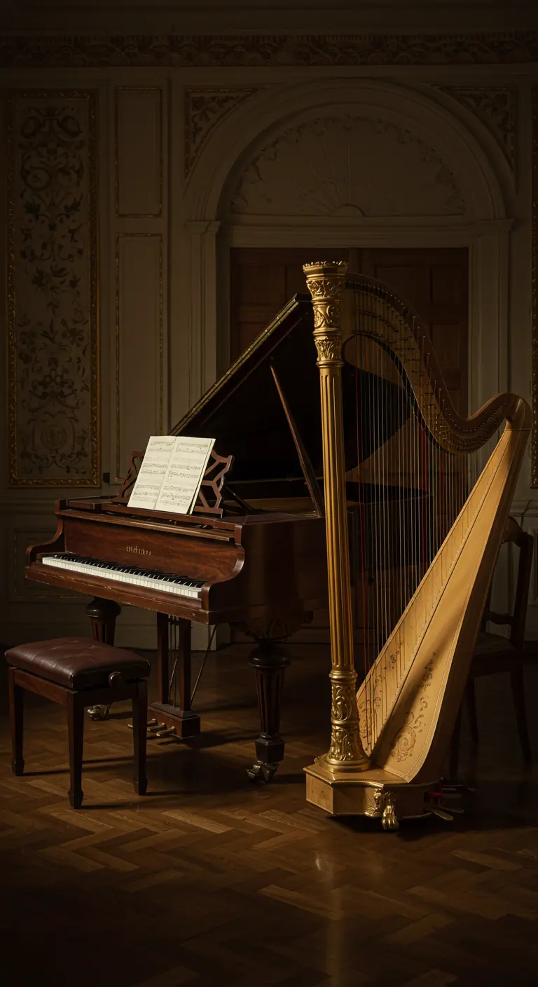 Elegante kamer met een klassieke vleugel en een grote, gouden harp.