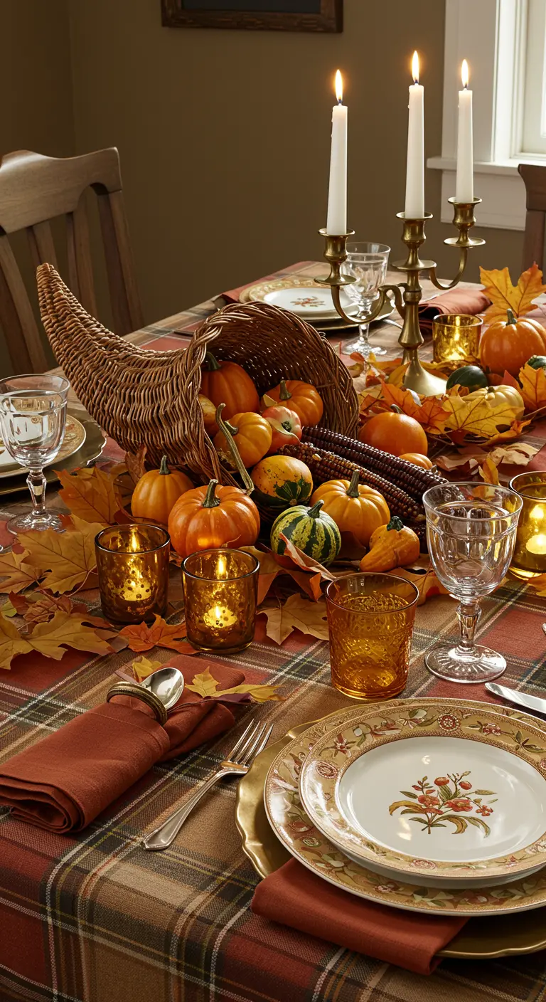 Traditionele herfsttafel met een hoorn des overvloeds, pompoenen en een geruit tafelkleed.