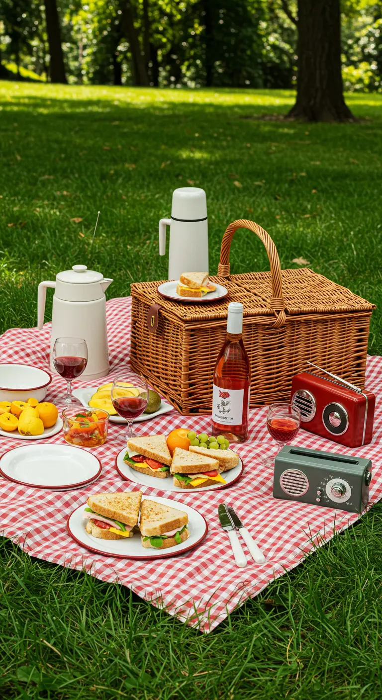 Picknick op een rood-wit geruit kleed met mand, sandwiches, wijn en retro radio.