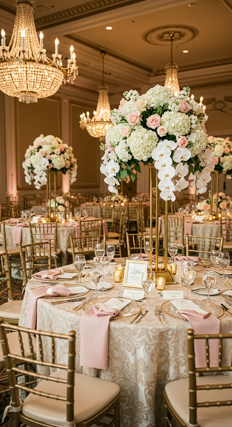 Grand ballroom wedding with round tables, gold chairs, pink napkins, and large floral centerpieces.