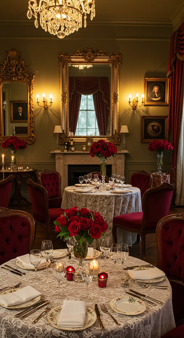 Klassieke eetkamer met rode rozen, kanten tafelkleden, gouden spiegels en rode stoelen.