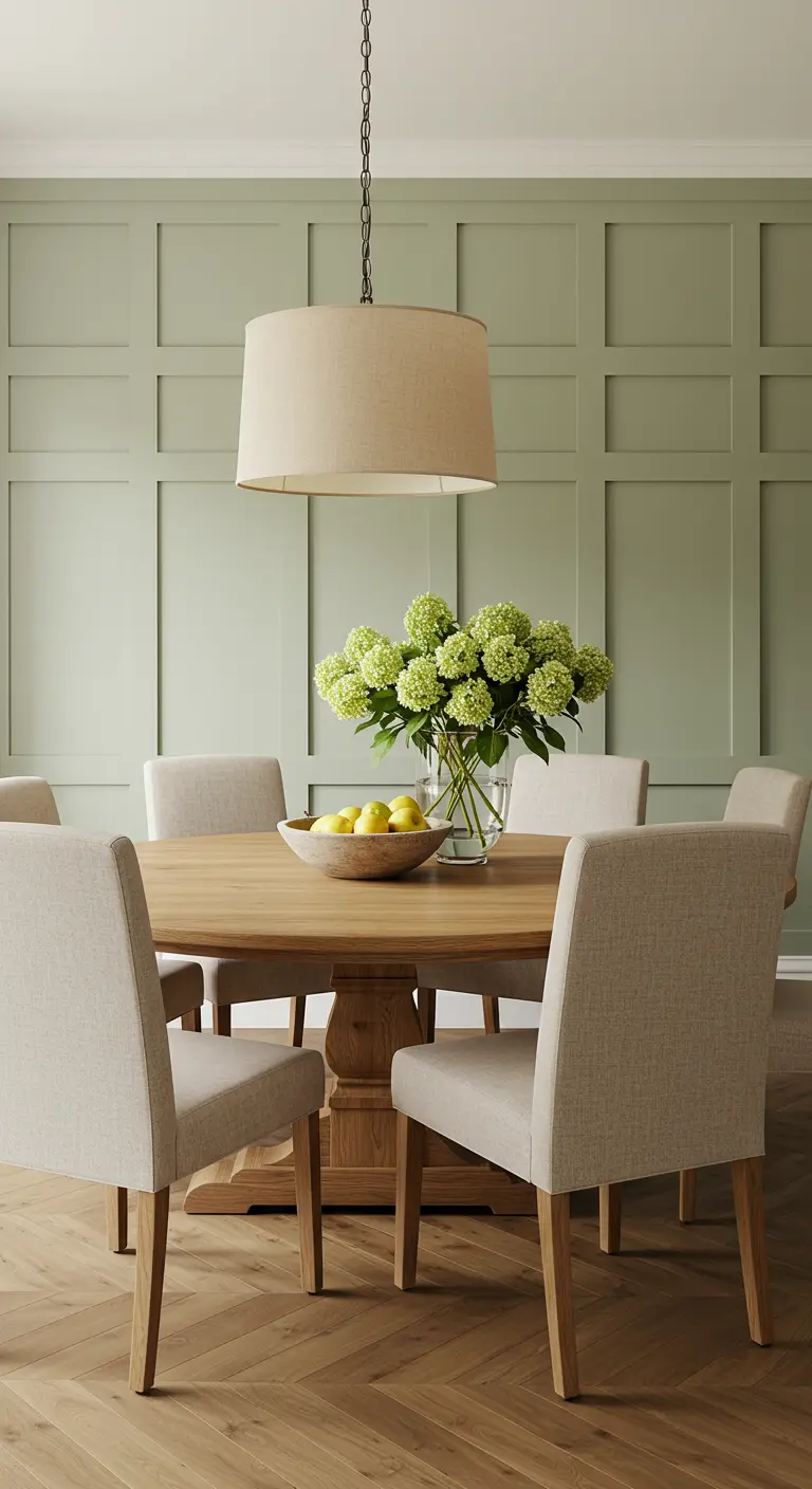 Klassieke eetkamer met groene wandpanelen, ronde houten tafel en linnen hanglamp.