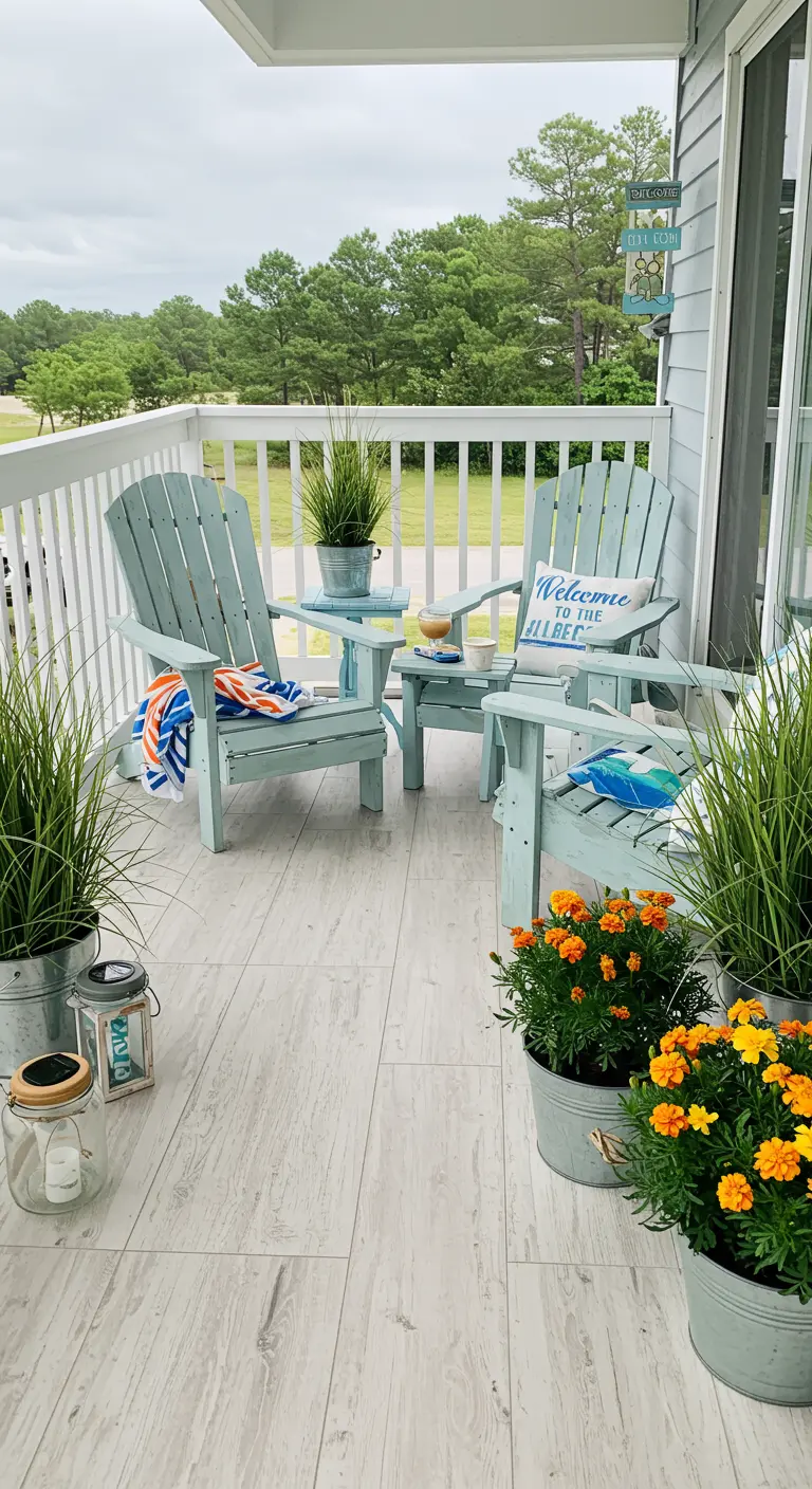 Balkon met twee blauwe Adirondack stoelen, zinken potten met bloemen en lantaarns.