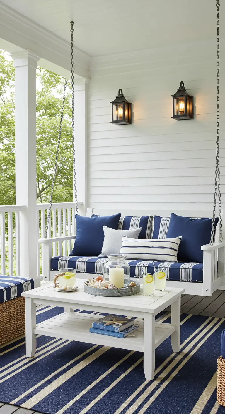 Witte veranda schommelbank met blauw-wit gestreepte kussens en een bijpassend vloerkleed.