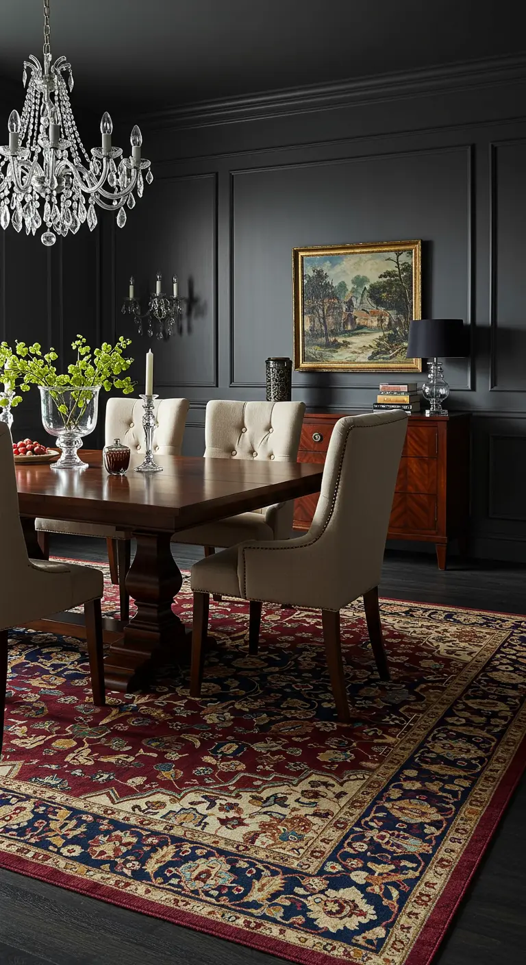 Elegante, donkergrijze eetkamer met een kristallen kroonluchter en een klassiek Perzisch tapijt.