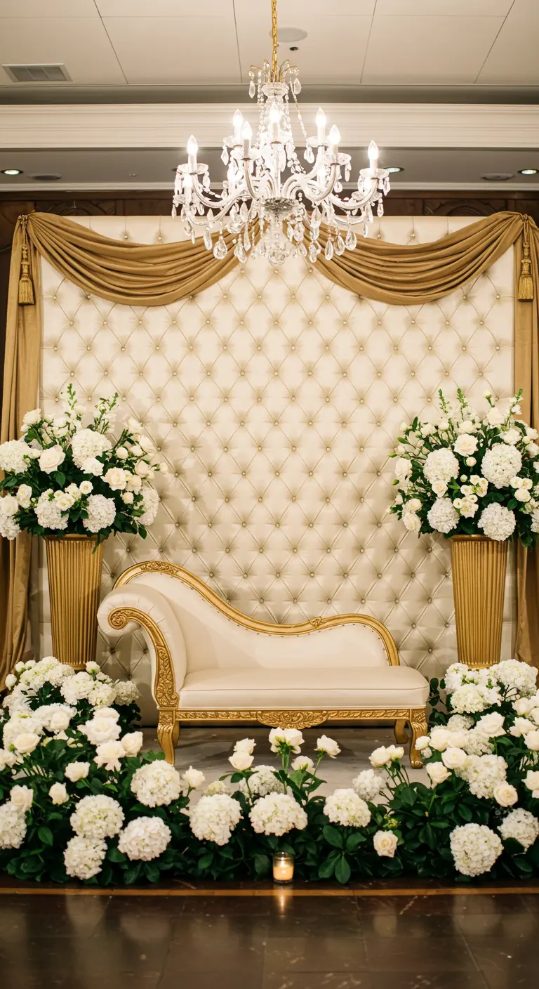 Luxe backdrop met gecapitonneerde muur, gouden doeken en witte bloemen.