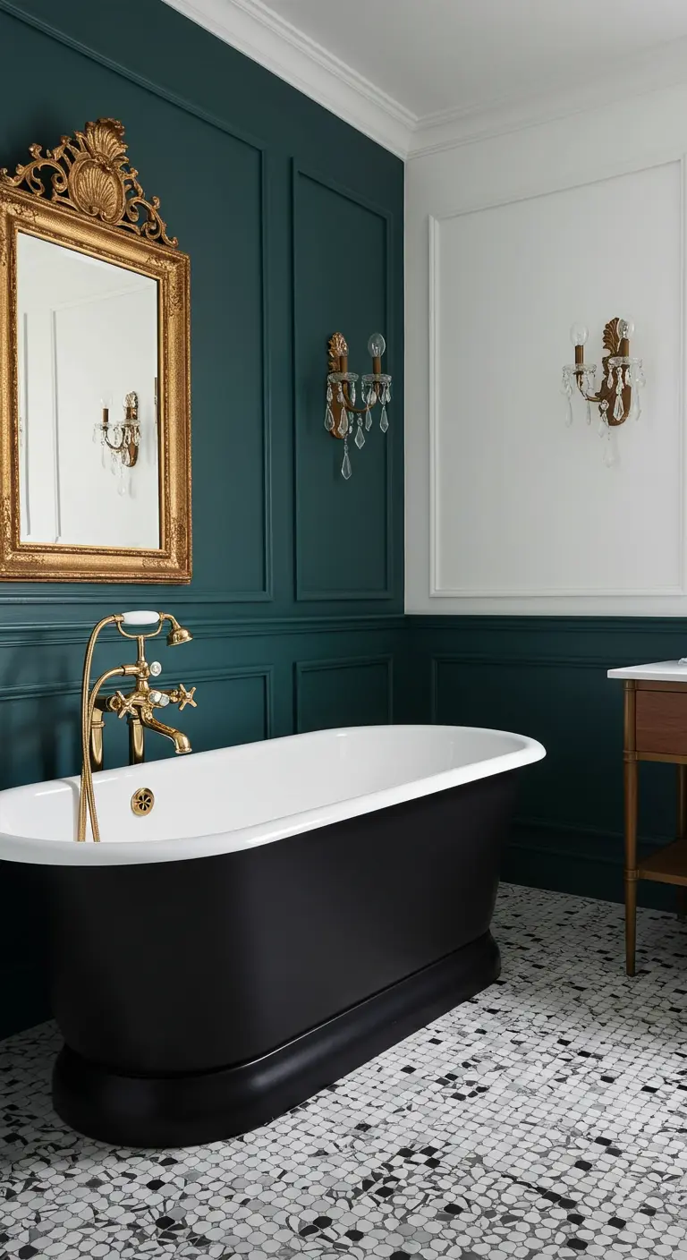 Zwart bad op pootjes in een donkergroene kamer met gouden spiegel en mozaïekvloer.