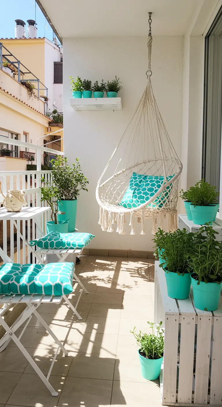 Smal balkon met witte klapstoelen, turquoise kussens en een macramé hangstoel.