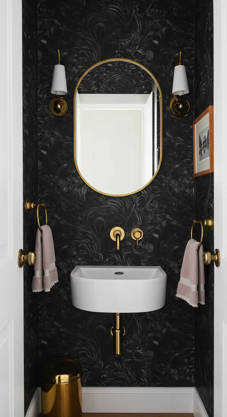 Klein toilet met donker bloemenbehang, een ovale spiegel met gouden rand en gouden kranen.
