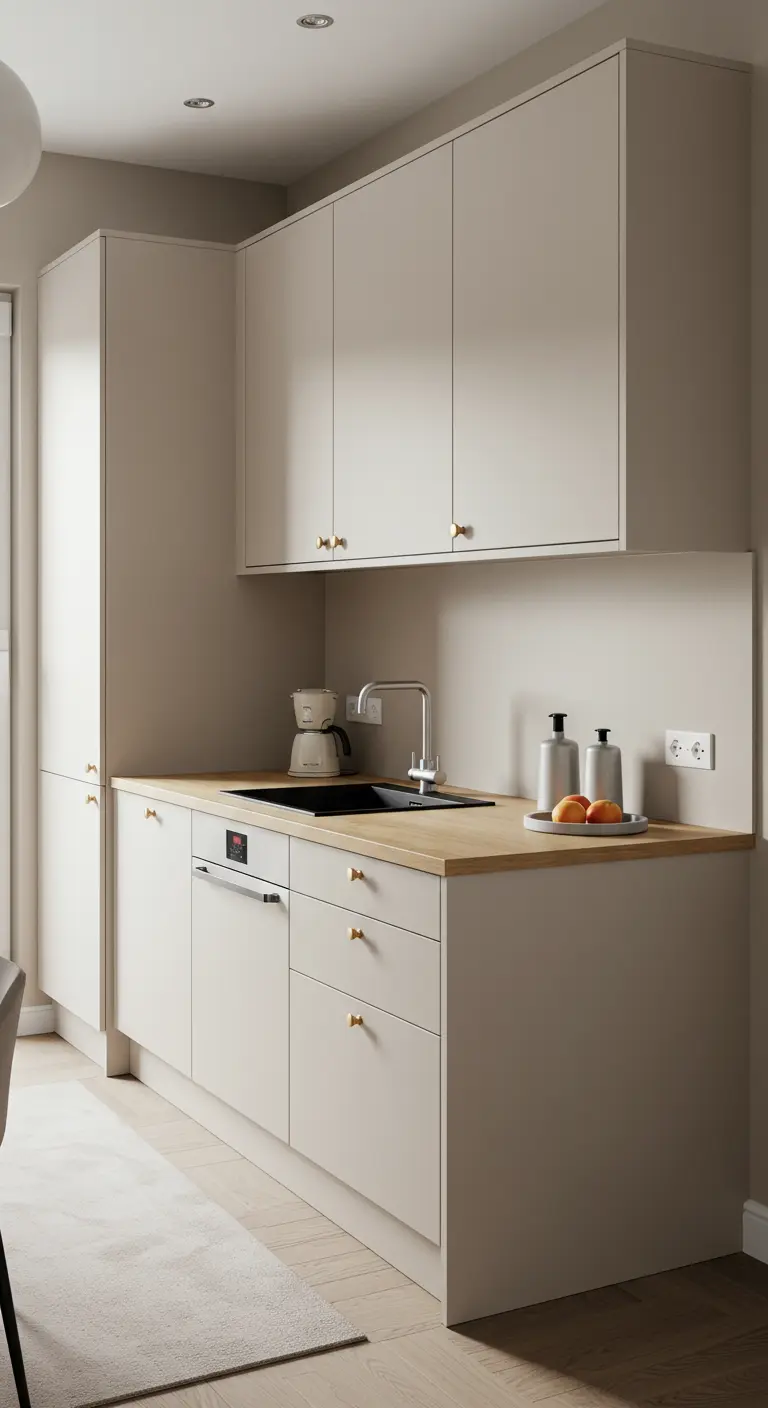 Compacte, minimalistische keuken in een warme beige tint met een licht houten werkblad.