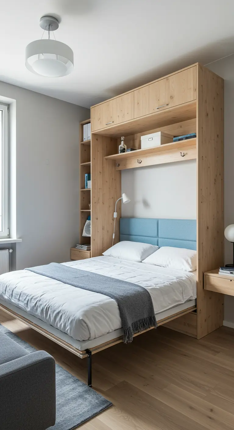 Compacte slaapkamer met een slim opklapbed in een houten wandmeubel.