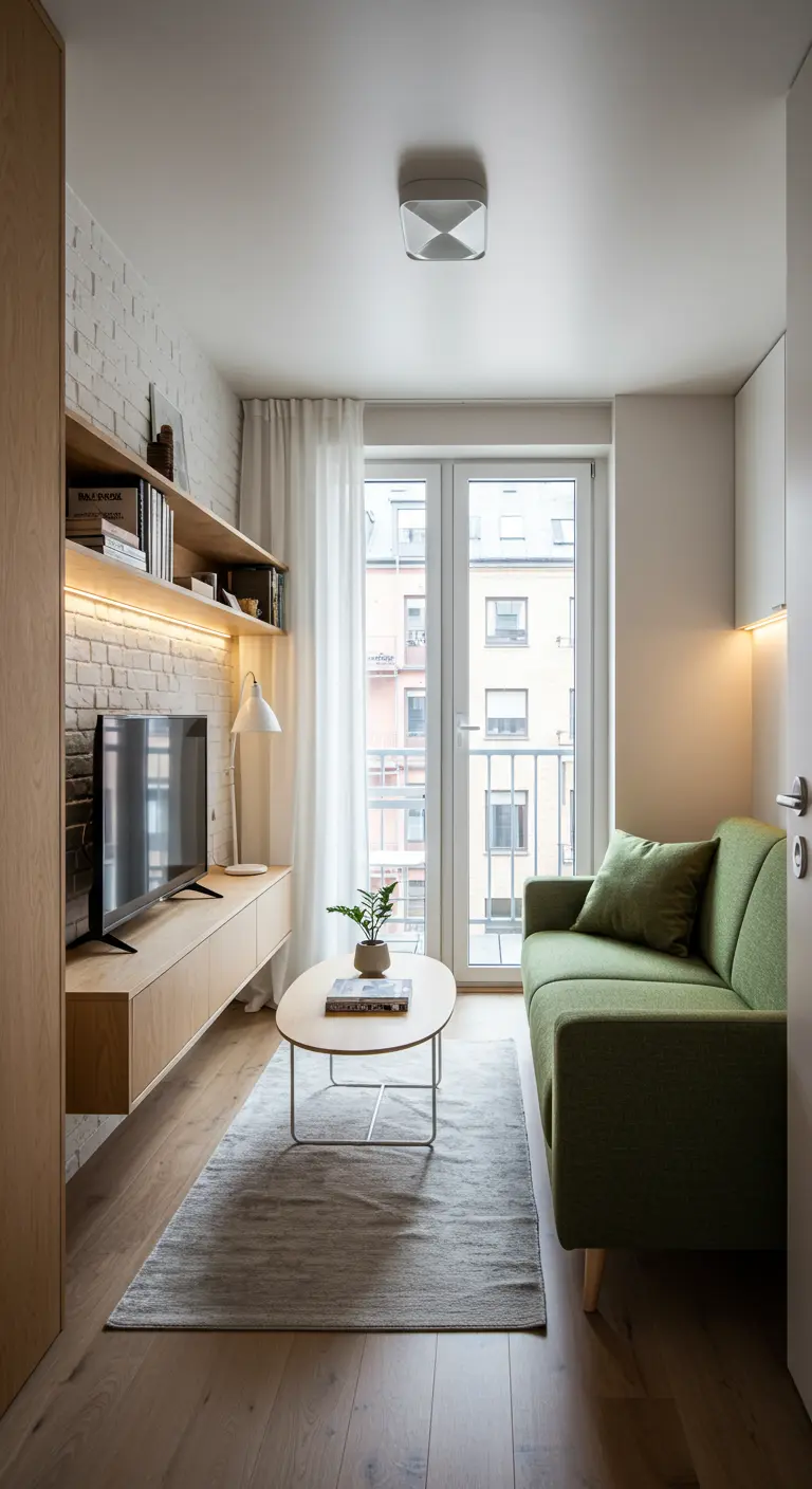 Compacte woonkamer met groene bank, zwevend tv-meubel, verlichte planken en balkon.