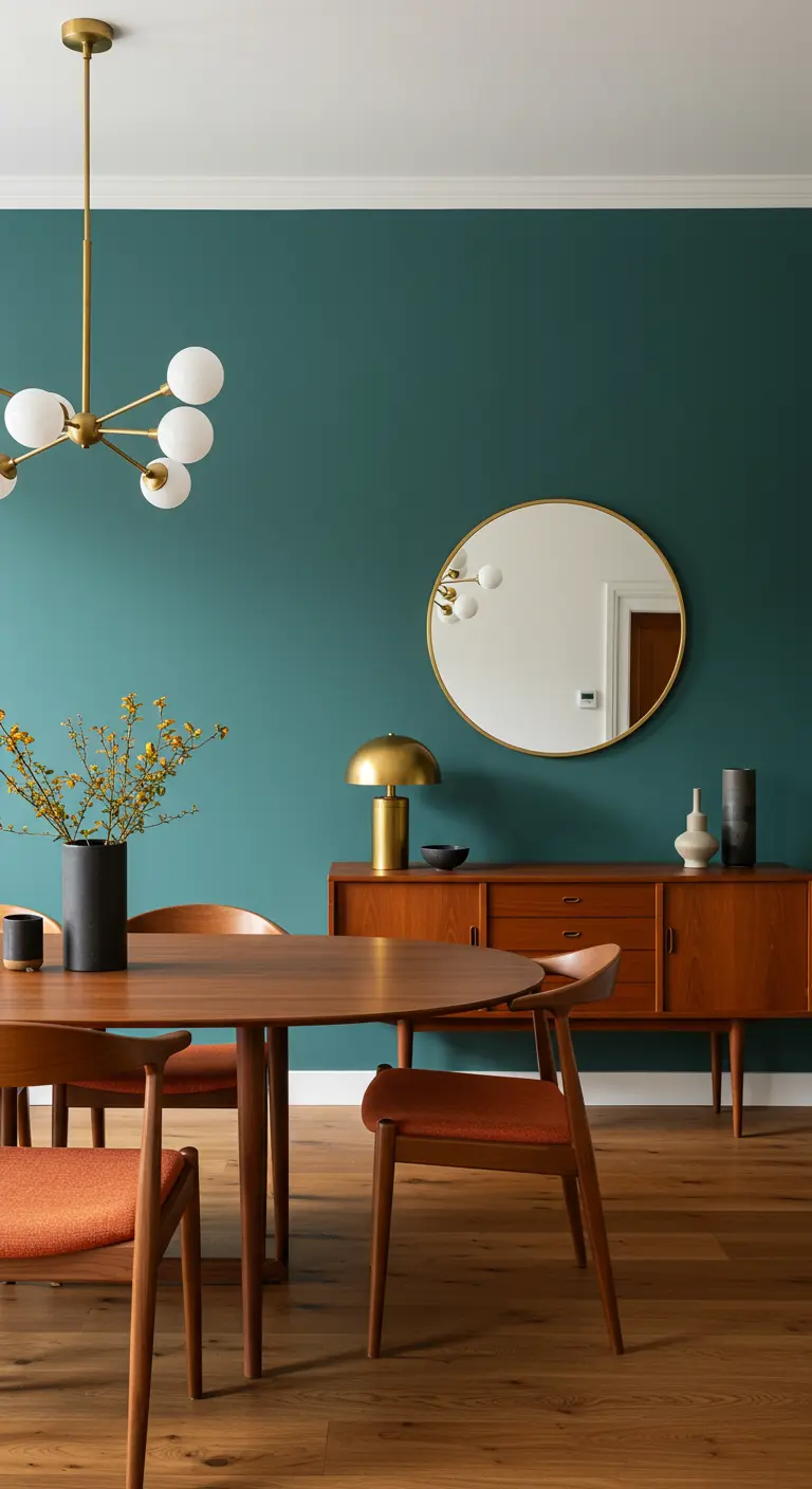 Mid-century eethoek met een blauwgroene muur, houten meubels en messing accenten in lamp en spiegel.