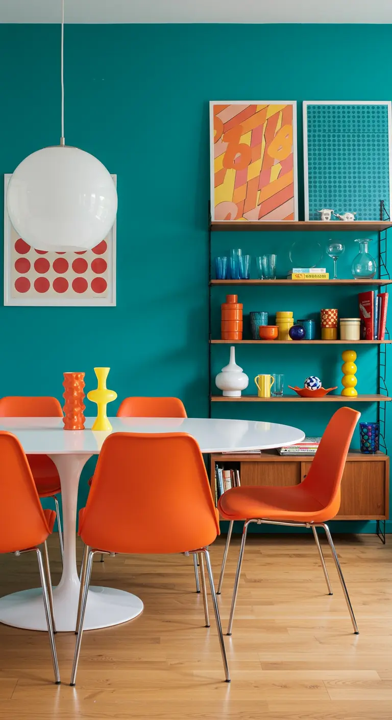 Retro eethoek met een petrolblauwe muur, oranje stoelen en kleurrijke kunst.