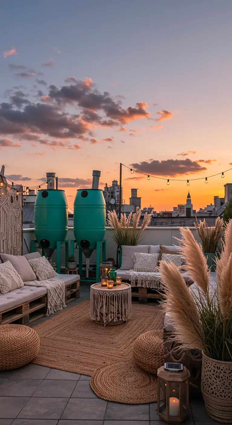 Twee turquoise regentonnen op een bohemian dakterras bij zonsondergang.