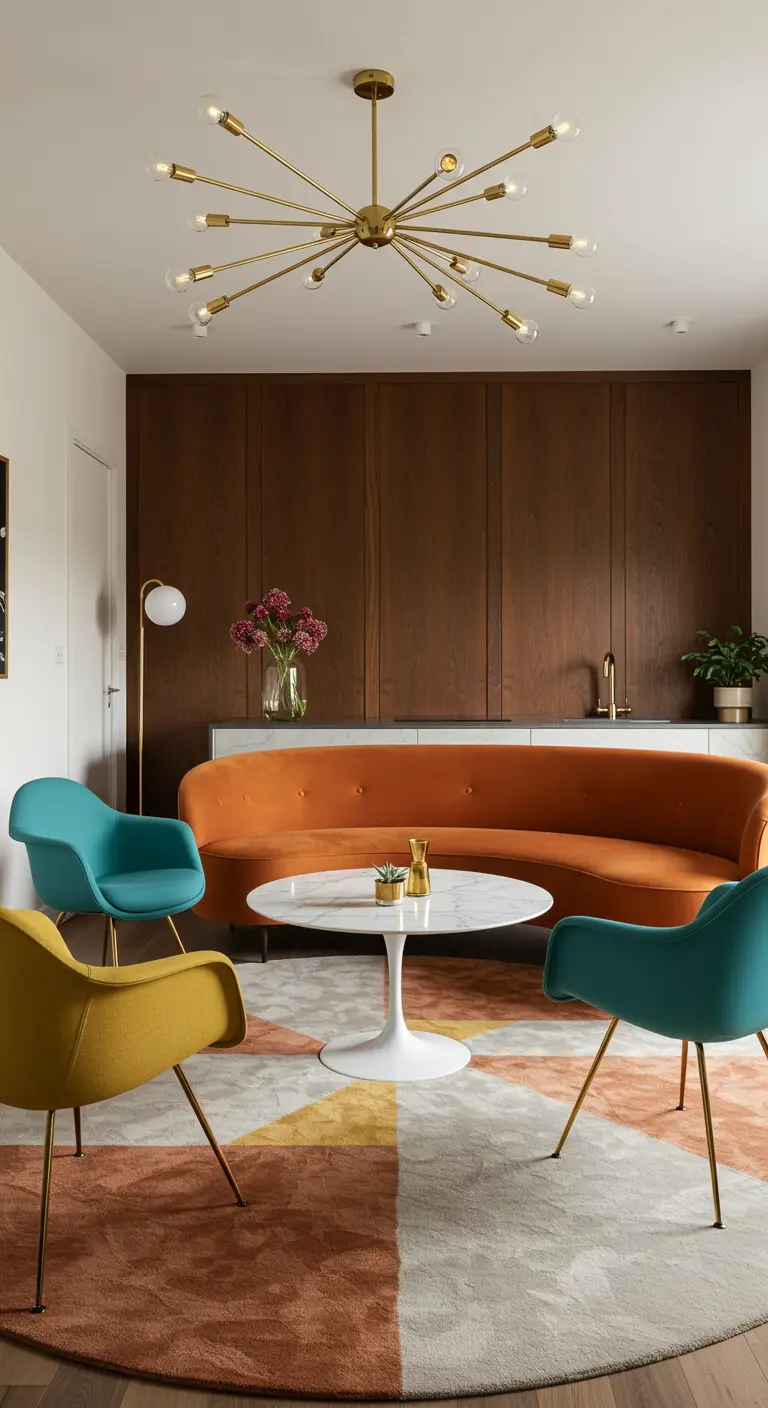 Moderne eetkamer met oranje ronde bank, kleurrijke stoelen en een gouden sputniklamp.