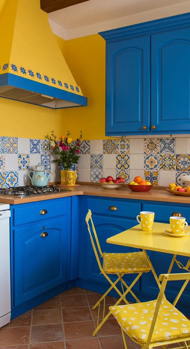 Kleurrijke keuken met kobaltblauwe kasten, gele muren en een gele eettafel.
