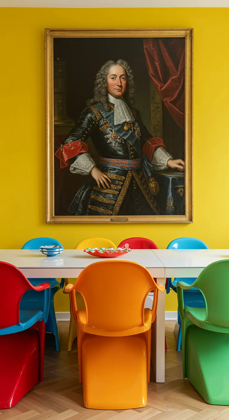 Eetkamer met gele muur, klassiek portret en felgekleurde plastic designstoelen.