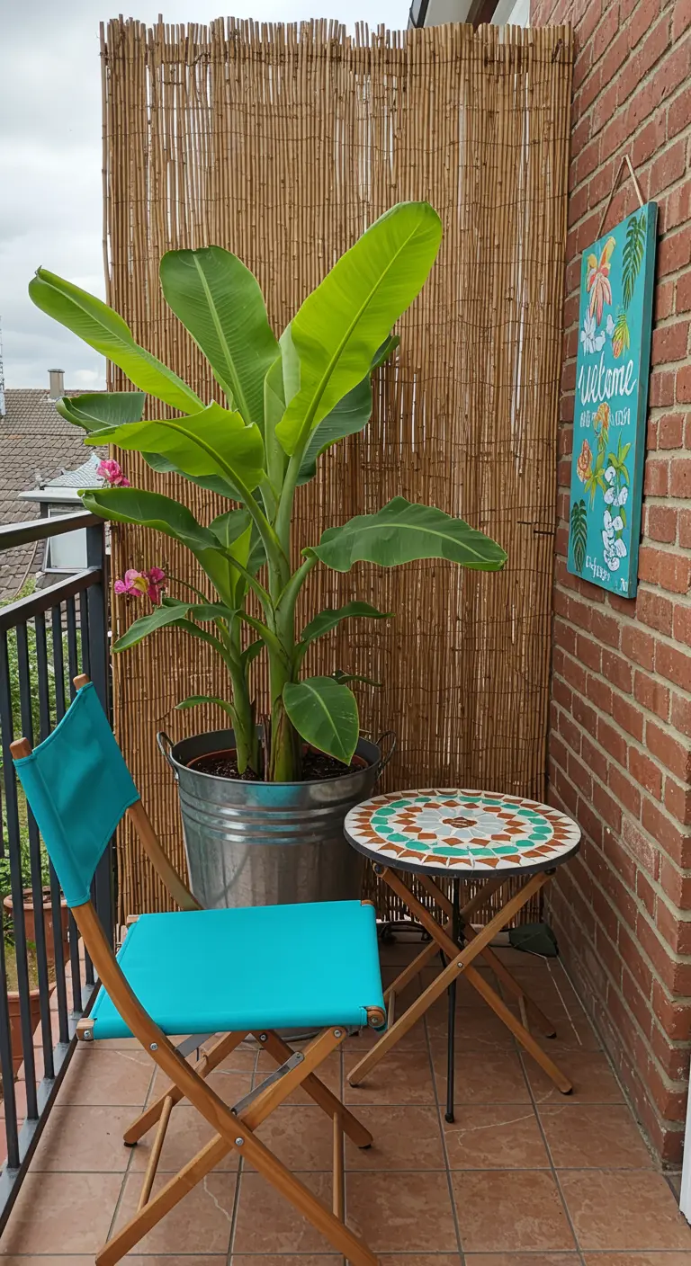 Klein balkon met turquoise klapstoel, mozaïektafeltje en een bananenplant in een zinken pot.