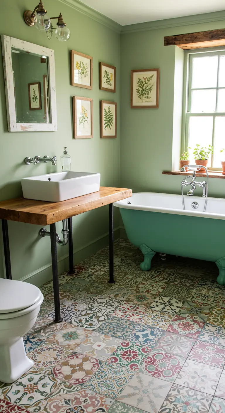 Badkamer met saliegroene muren, een vloer met patroontegels en een turquoise bad op pootjes.