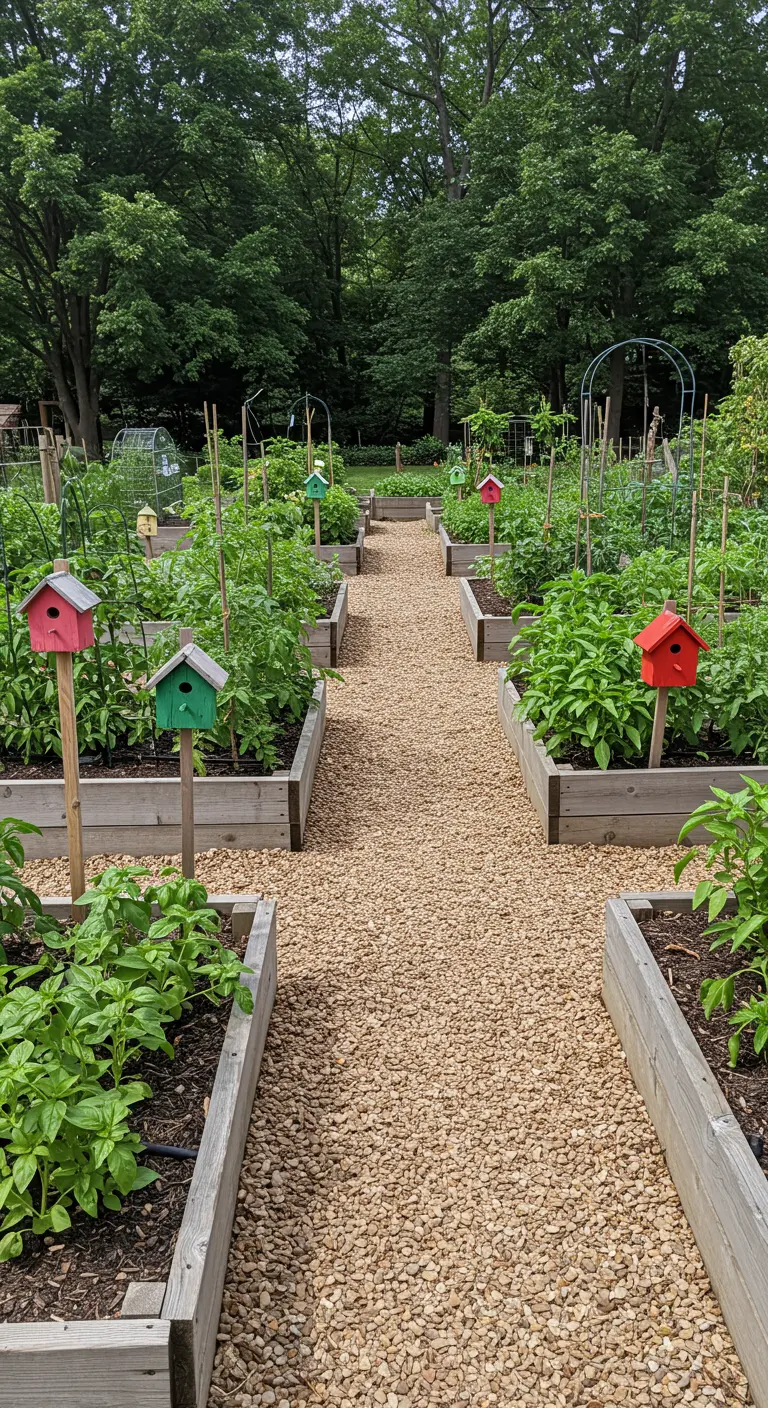 Kleurrijke vogelhuisjes op paaltjes in een moestuin met grindpad.