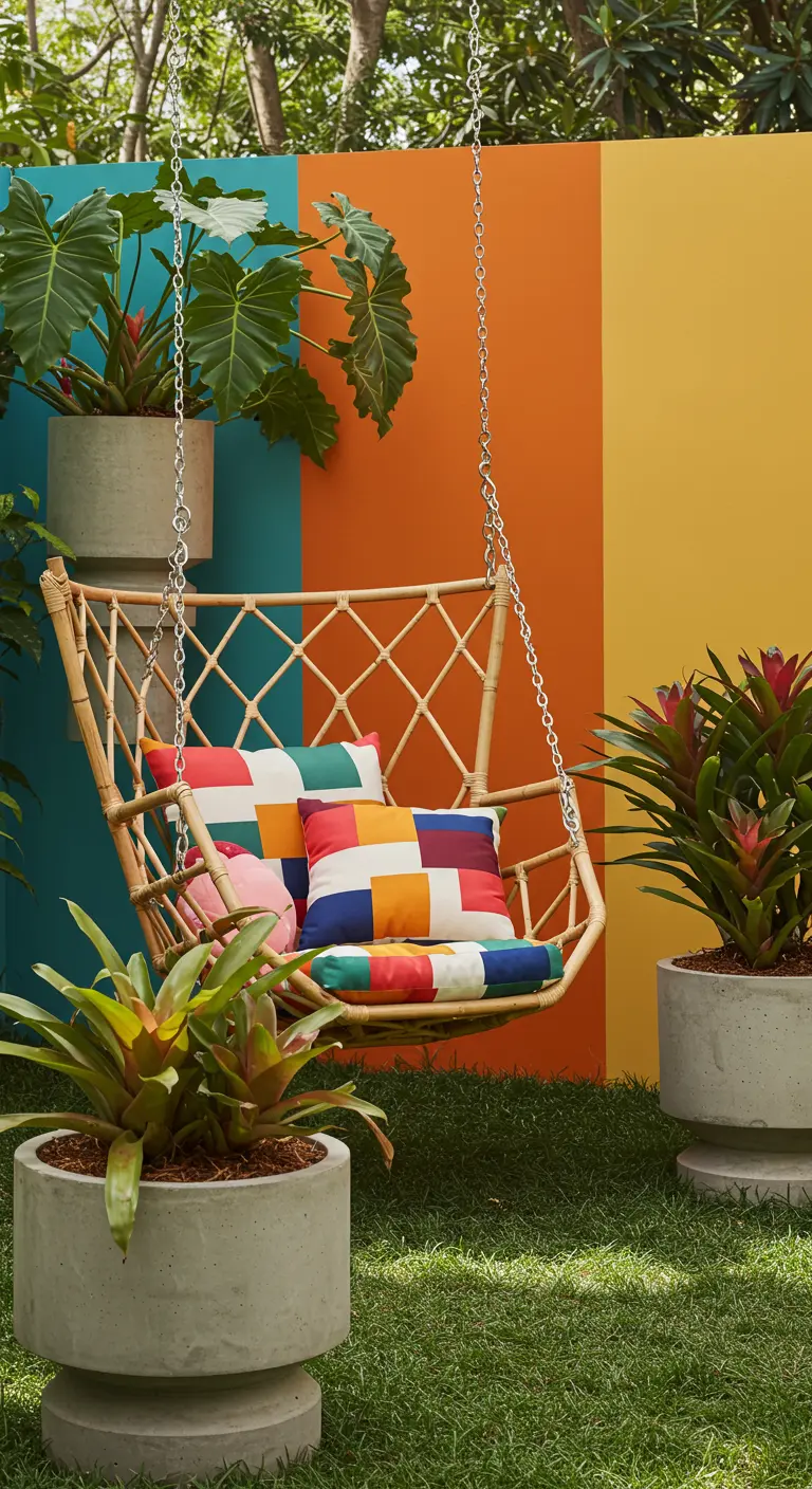 Bamboe hangstoel met kleurrijke blokpatroon kussens voor een muur met oranje en blauwe kleurvlakken.