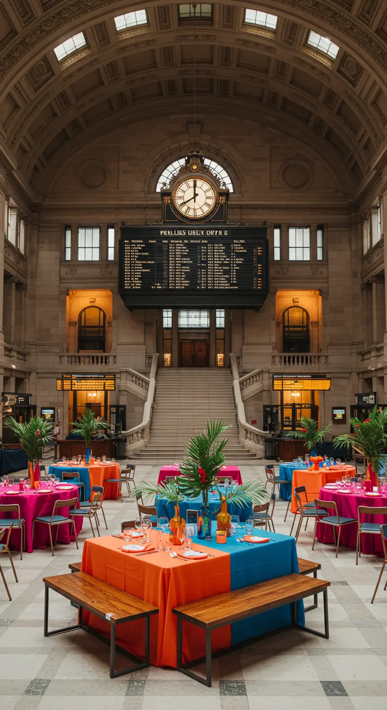 Dinertafels in een grote stationshal, gedekt met felgekleurde tafelkleden in color-blocking stijl.