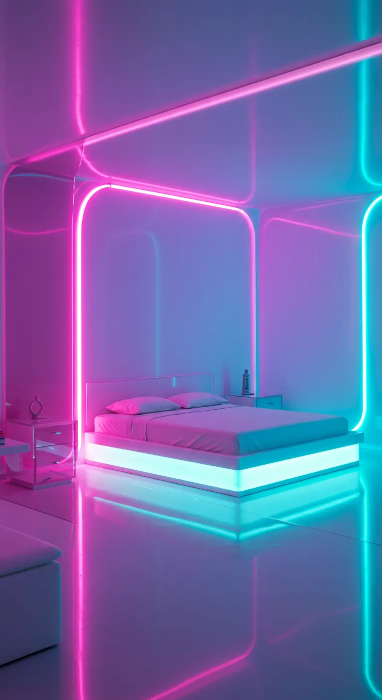 Witte slaapkamer met rechte roze en cyaan neon LED-frames op muren en plafond.