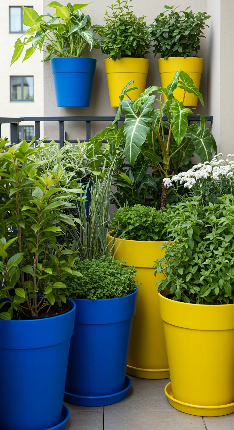 Balkon met een verzameling planten in felblauwe en zonnig gele potten van verschillende formaten.