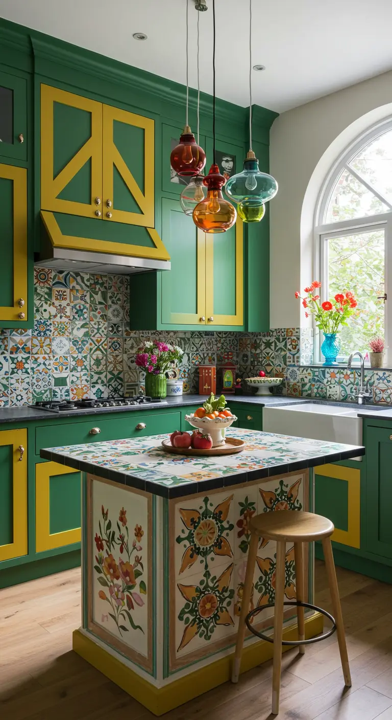 Kleurrijke keuken met groene en gele kasten, Marokkaanse tegels en artistiek eiland.