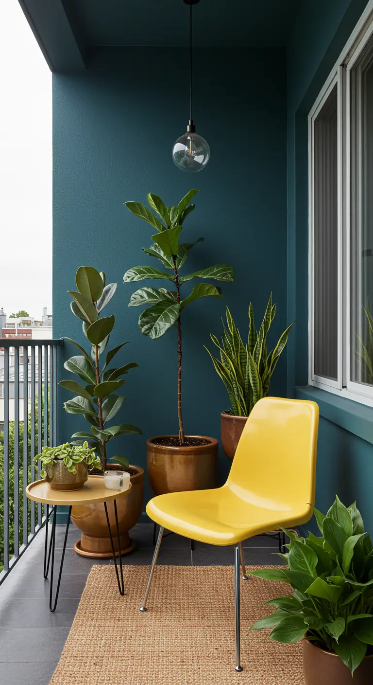 Modern balkon met diepblauwe muren, een knalgele designstoel en planten in terracotta potten.