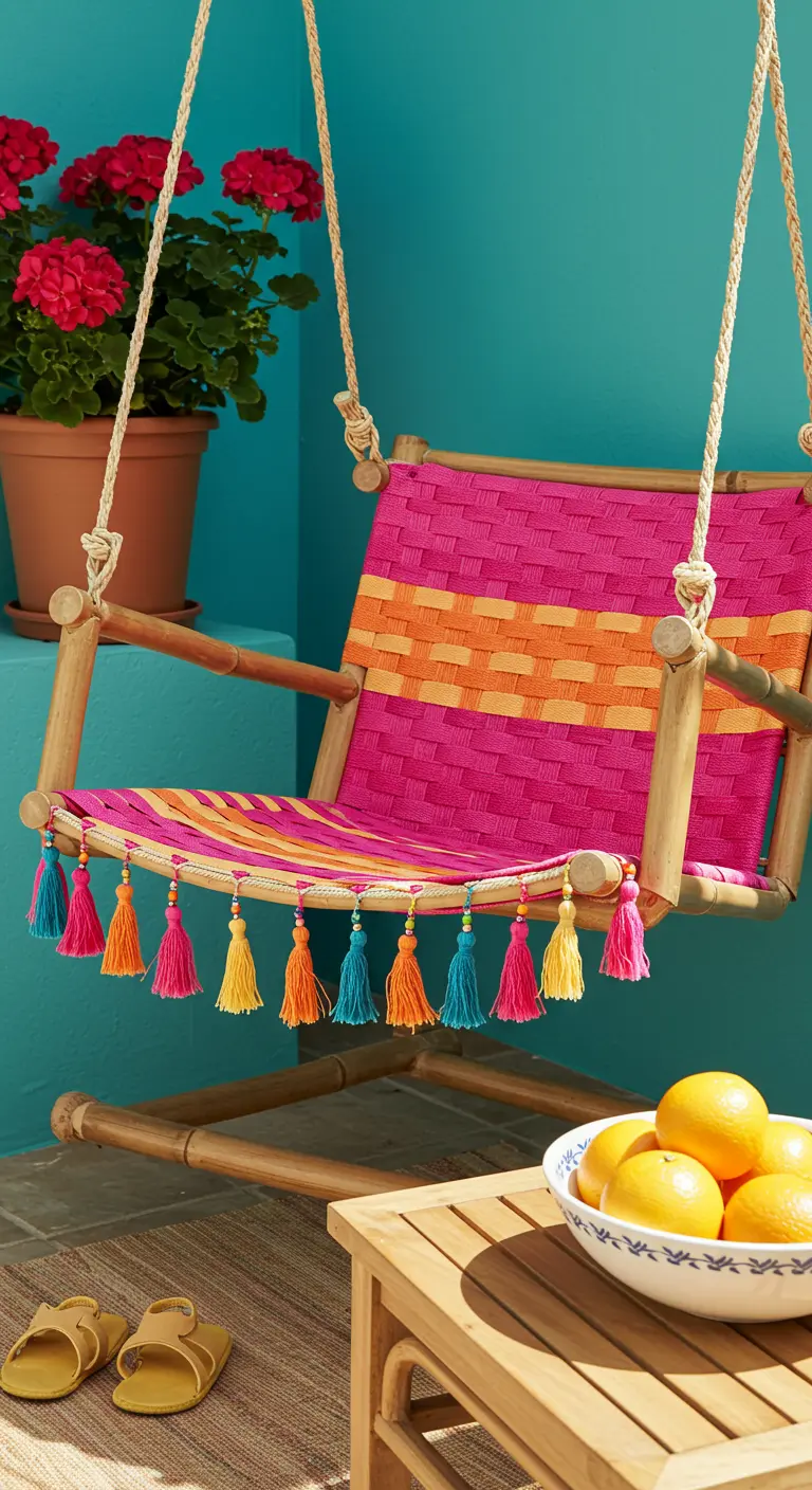 Roze en oranje geweven schommelstoel met kleurrijke kwastjes tegen een turquoise muur.