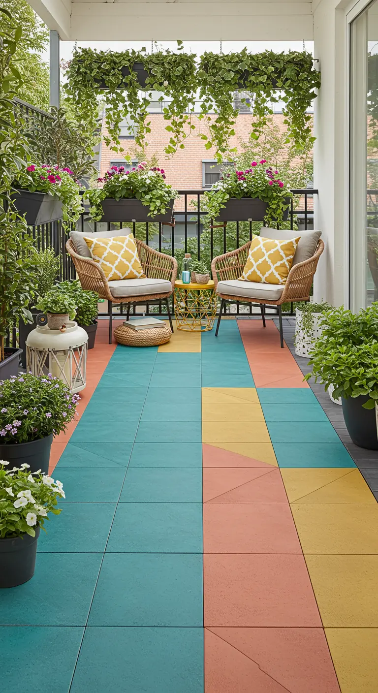 Gezellig balkon met een vloer van grote tegels in turquoise, koraal en geel.