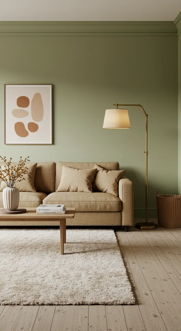 Woonkamer met saliegroene muur, beige bank, pluizig vloerkleed en messing vloerlamp.