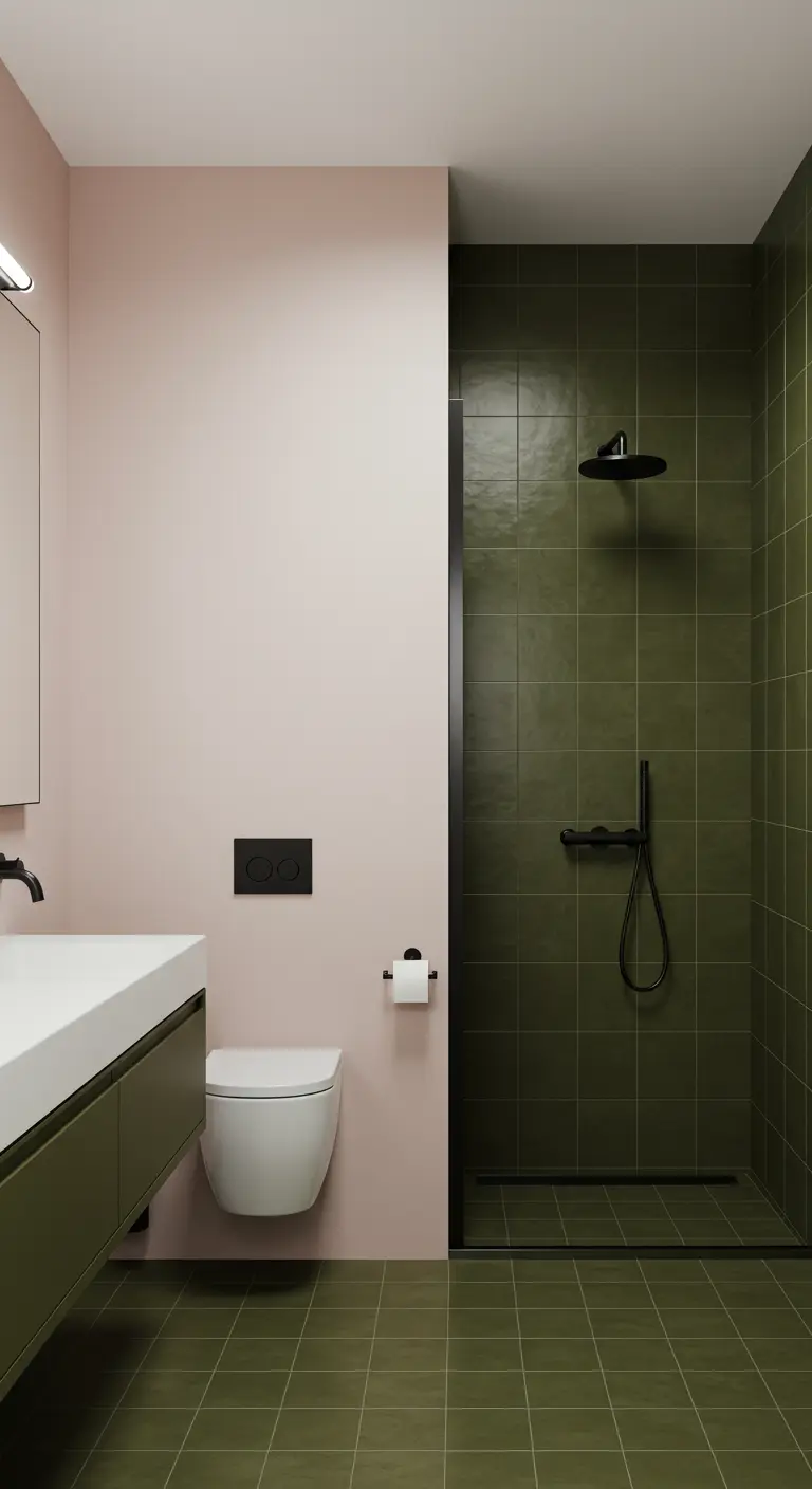 Moderne badkamer met een doucheruimte in olijfgroene tegels en een poederroze muur.