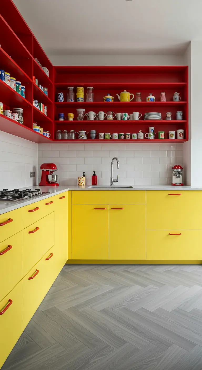 Kleurrijke keuken met gele en rode kasten en een grijze visgraatvloer.